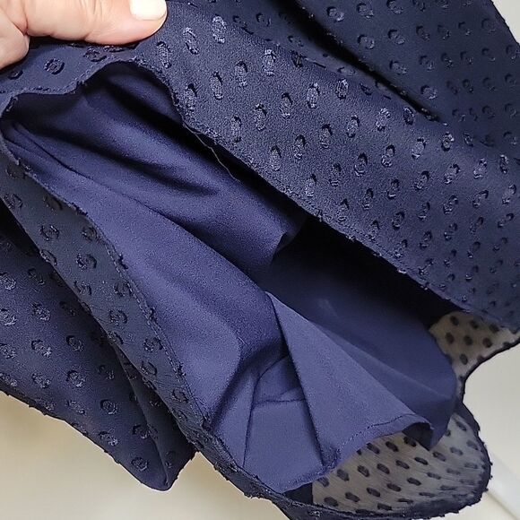 4 BANANA REPUBLIC CLASSIC CHIFFON SWISS DOT FLUTTER SLEEVE NAVY BLUE LINED DRESS - Picture 6 of 14
